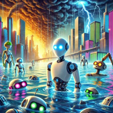 DALL·E 2024 09 14 14.34.03 A futuristic cartoonish scene illustrating the combined risks of AI and climate change. Robots are standing in rising water levels some malfunctioni